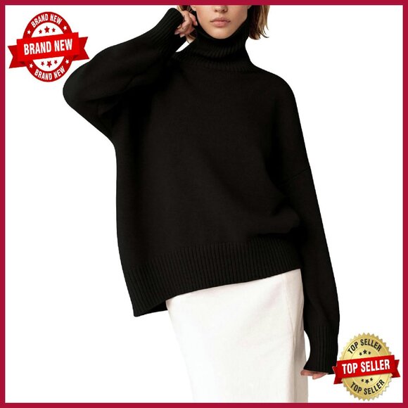 Chunky Knit Turtleneck Sweater High Low Hem Oversized Pullover